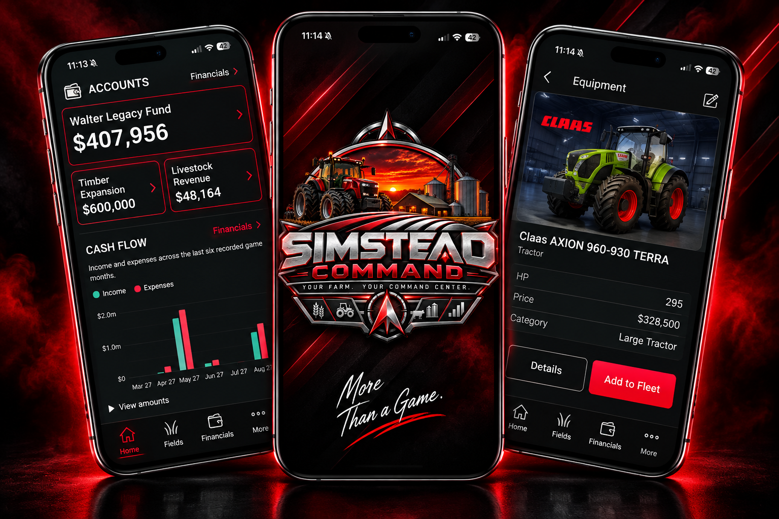 Simstead Command phone preview artwork showing accounts, the app branding and equipment.